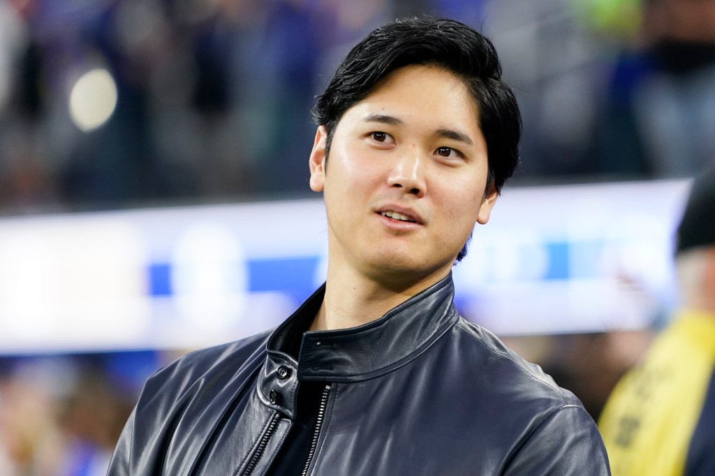 Shohei Ohtani attends an NFL football game between the Los Angeles Rams and the New Orleans Saints.