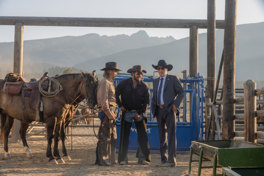 Luke Grimes, Cole Hauser, and Kevin Costner on "Yellowstone." 