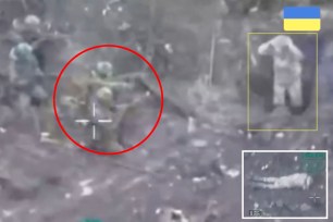 Video that was recorded by a drone near the front lines in eastern Ukraine appears to show two Ukrainian servicemen climbing out of a dugout (right) to surrender, and then being shot dead from a close range by Russian troops (circled in red), which potentially constitutes a war crime