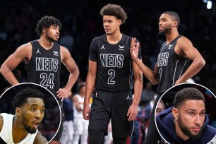 Cam Thomas, Cam Johnson and Mikal Bridges huddle for the Nets; inset: Donovan Mitchell, Ben Simmons