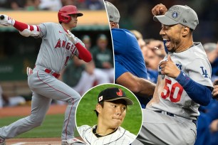 Shohei Ohtani at the plate; the Dodgers' Mookie Betts celebrates; Yoshinobu Yamamoto