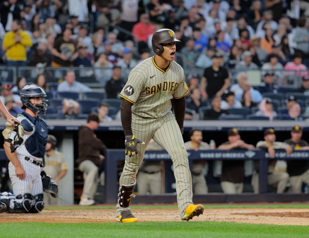 Padres left fielder Juan Soto #22, reacts after hitting a 2-run home run in the 5th inning.