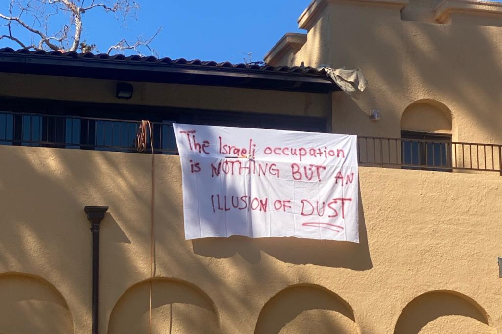 An anti-Israel banner hung on a building at Stanford University.