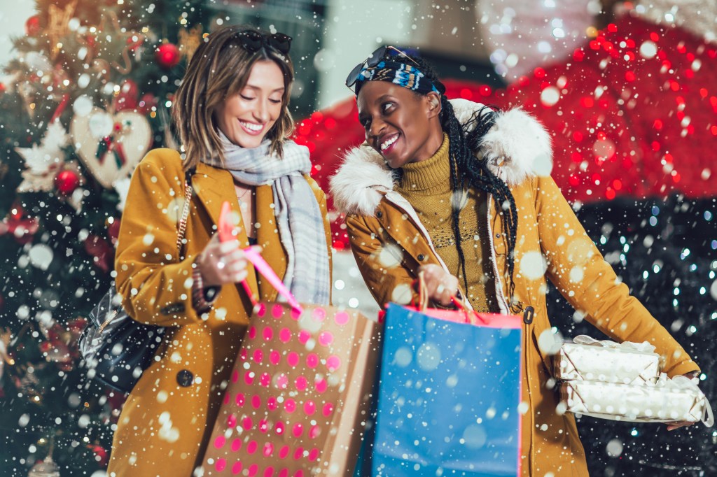 Two attractive multiethnic young women holding shopping bags and smiling.