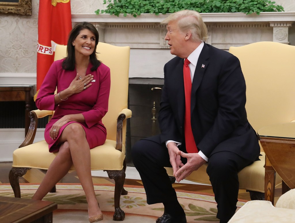 U.S. President Donald Trump announces that he has accepted the resignation of Nikki Haley as US Ambassador to the United Nations, in the Oval Office on October 9, 2018 in Washington, DC.