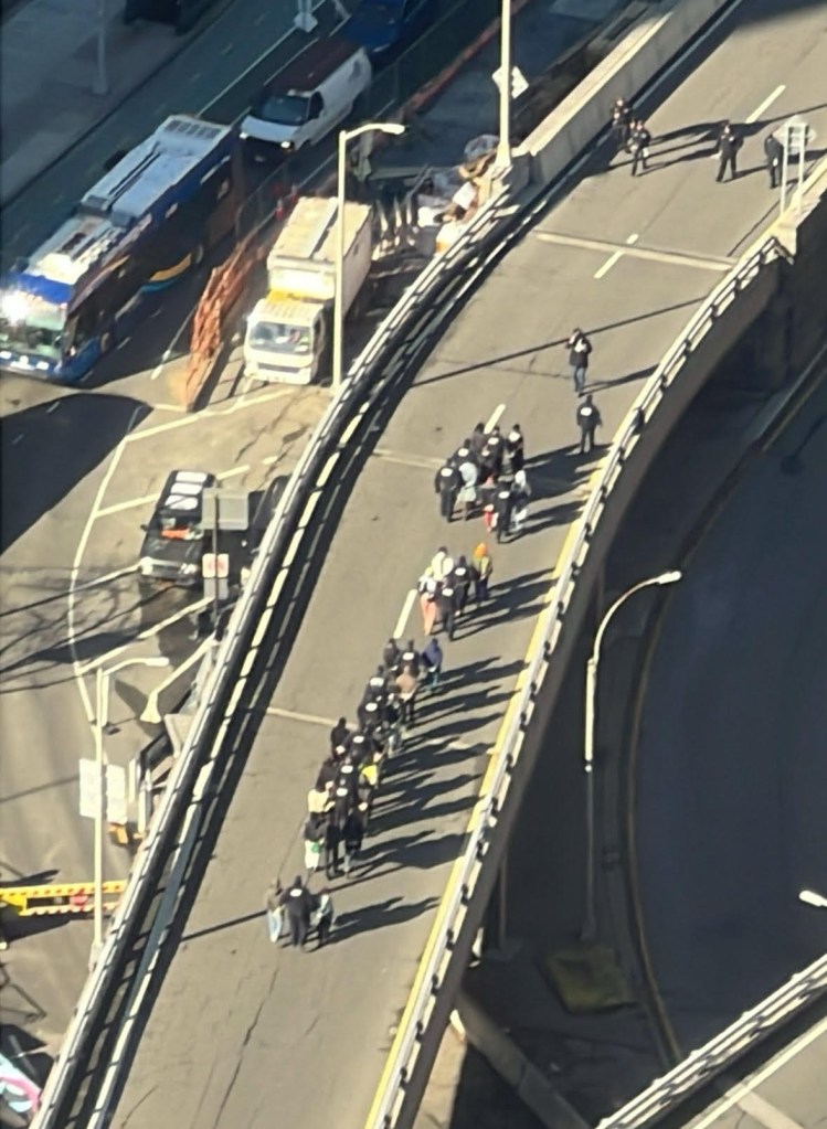 Group of protestors walking on Brooklyn Bridge during morning rush hour; other groups block Manhattan Bridge & Holland Tunnel.