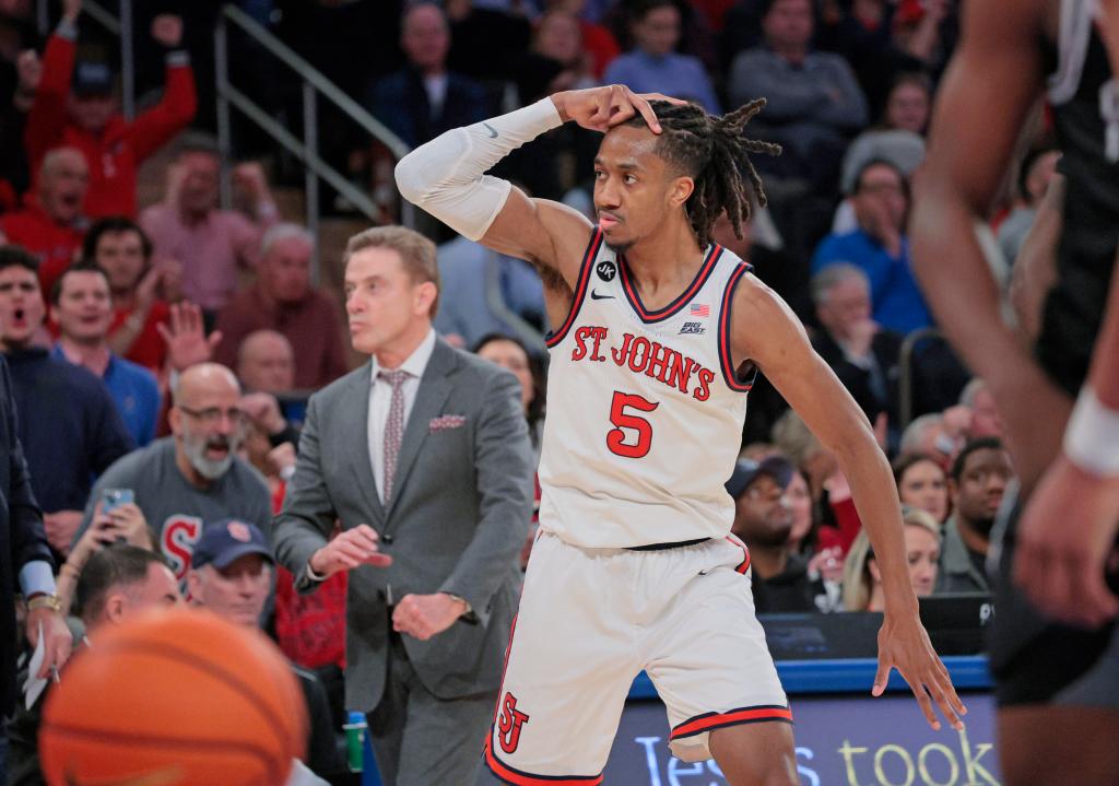 St. John's Red Storm guard Daniss Jenkins #5 reacts after hitting a shot during the second half.