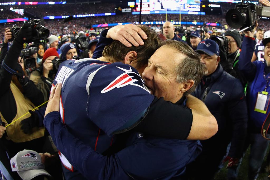 Tom Brady and Bill Belichick celebrate a win in the 2018 AFC Championship Game.