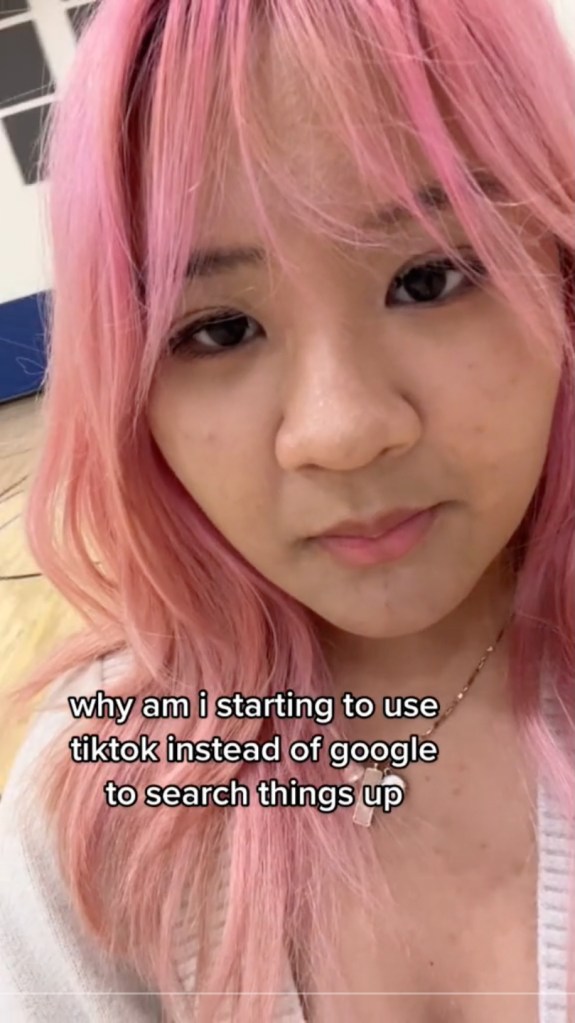 TikToker with the caption "why am I starting to use tiktok instead of google to search things up"