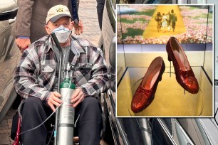 Terry Jon Martin, 76 (left), was sentenced to time served and ordered to pay $23,500 in restitution for stealing a pair of ruby slippers (right) that Judy Garland wore while filming "The Wizard of Oz" -- because he was led to believe the shoes were covered in real rubies