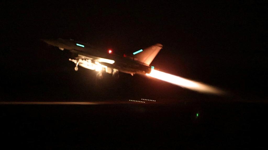 An RAF Typhoon aircraft takes off to join the U.S.-led coalition from RAF Akrotiri to conduct air strikes against military targets in Yemen.