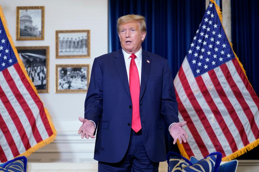 Former President Donald Trump speaks to the media at a Washington hotel, Tuesday, Jan. 9, 2024, after attending a hearing before the D.C. Circuit Court of Appeals at the federal courthouse in Washington.