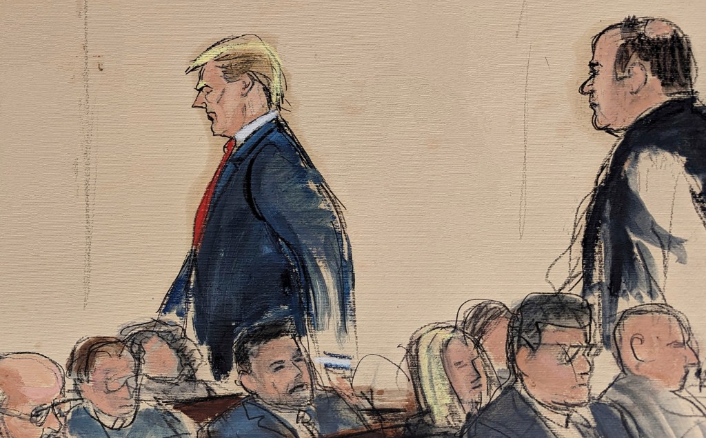 Donald Trump and his counsel Boris Epshteyn leaving a federal courtroom, depicted in a courtroom sketch.