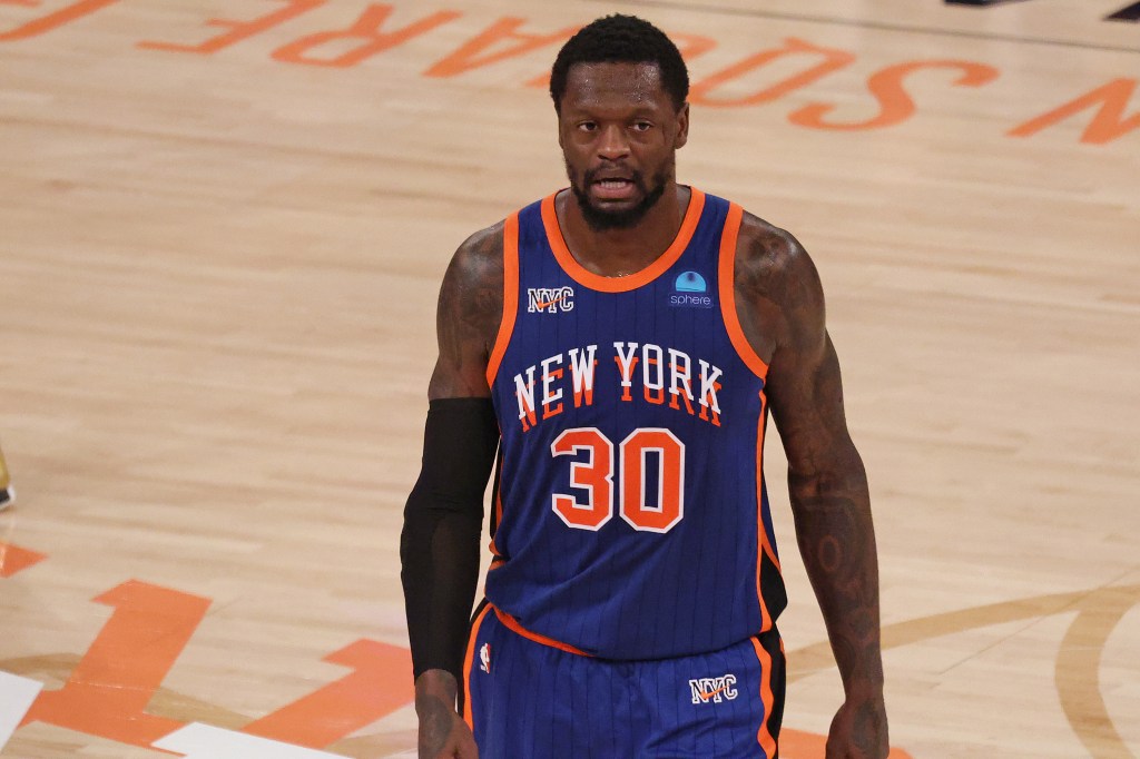 Julius Randle in Knicks basketball uniform during game against the Miami Heat at Madison Square Garden.