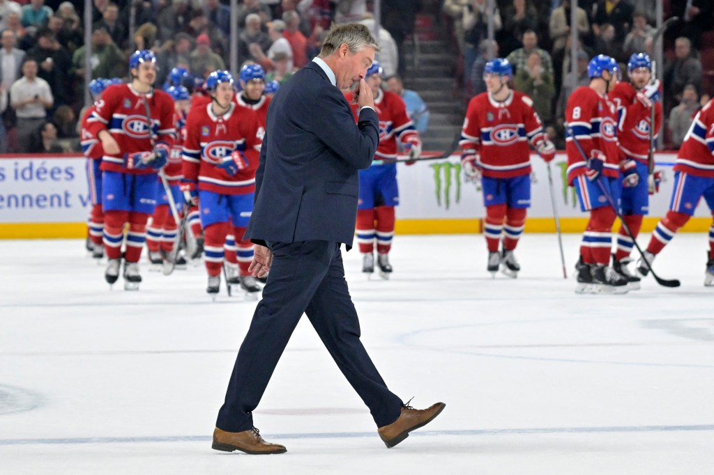 Islanders head coach Patrick Roy leaves the ice after the loss to the Canadiens at Bell Centre.