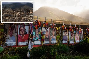 Pictures of people and flowers on a fence, related to Hawaii Wildfire Victim Identifications.
