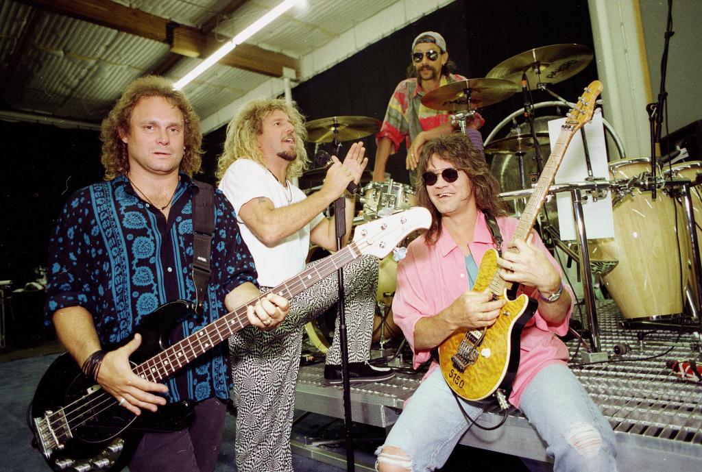 From left are Michael Anthony, bass guitar, Sammy Hagar, lead singer, Alex Van Halen, drums, and Eddie Van Halen, lead guitar n Los Angeles, on Jan. 17, 1993.