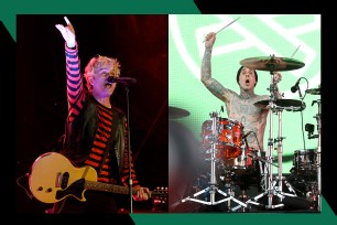 Green Day frontman Billie Joe Armstrong (L) and Blink-182 drummer Travis Barker are going on tour in 2024.