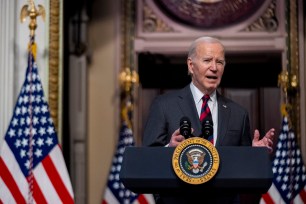 President Joe Biden speaks about supply chain issues in the Indian Treaty Room on the White House complex in Washington, Monday, Nov. 27, 2023.