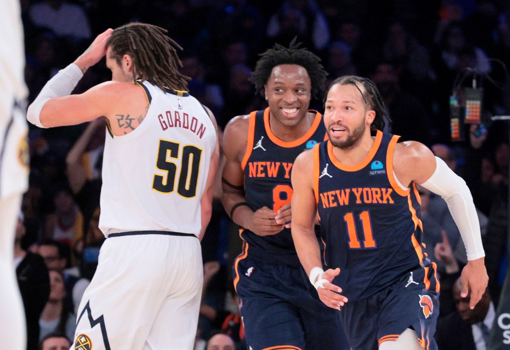 Jalen Brunson and OG Anunoby are all smiles during the Knicks' 122-84 blowout win over the Nuggets.