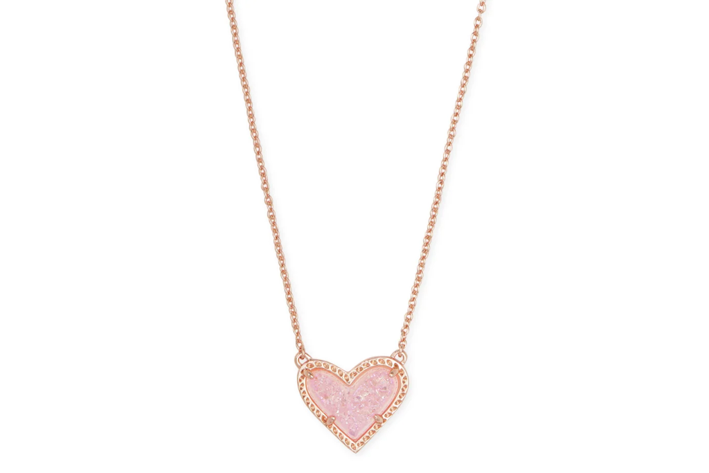 Kendra Scott Ari Heart Rose Gold Pendant Necklace in Light Pink Drusy