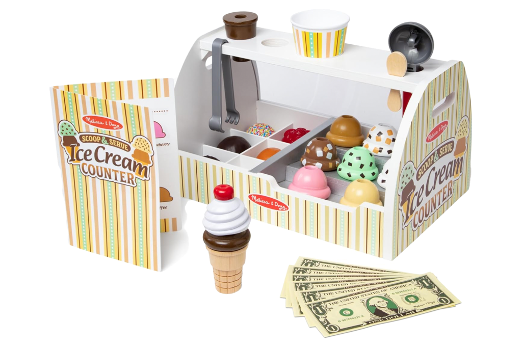 Melissa & Doug 28-Piece Wooden Scoop and Serve Ice Cream Counter 