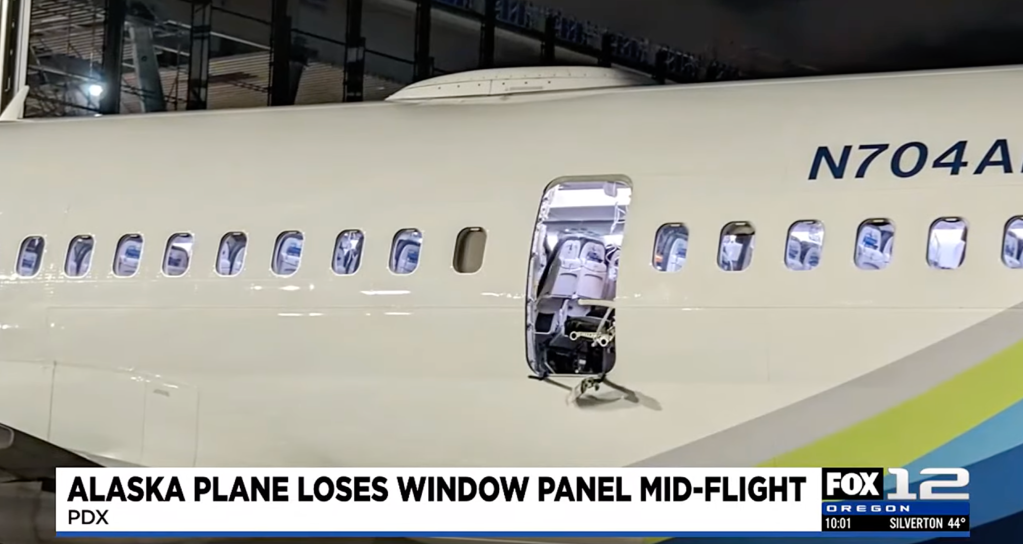 An exterior view of the plane and the missing portion that lost its panel during the flight on Jan. 5, 2024.