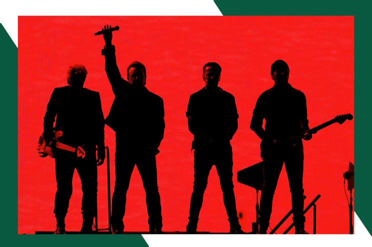 The silhouetted shadows of U2 wave to the crowd in front of a red backdrop.