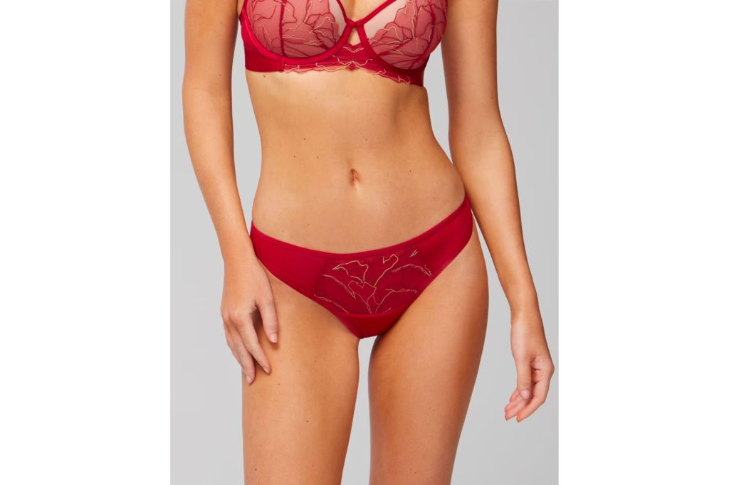 A model in red underwear and a matching bra.