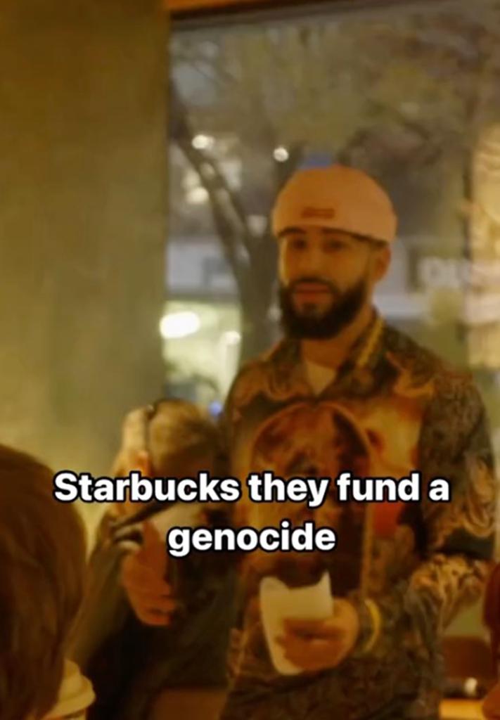 Screenshot Saleh inside starbucks "they fund a genocide" quote over photo