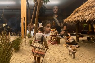 People look at an exhibit in a glass case at the American Museum of Natural History in Manhattan, which is closing its Hall of Eastern Woodlands.