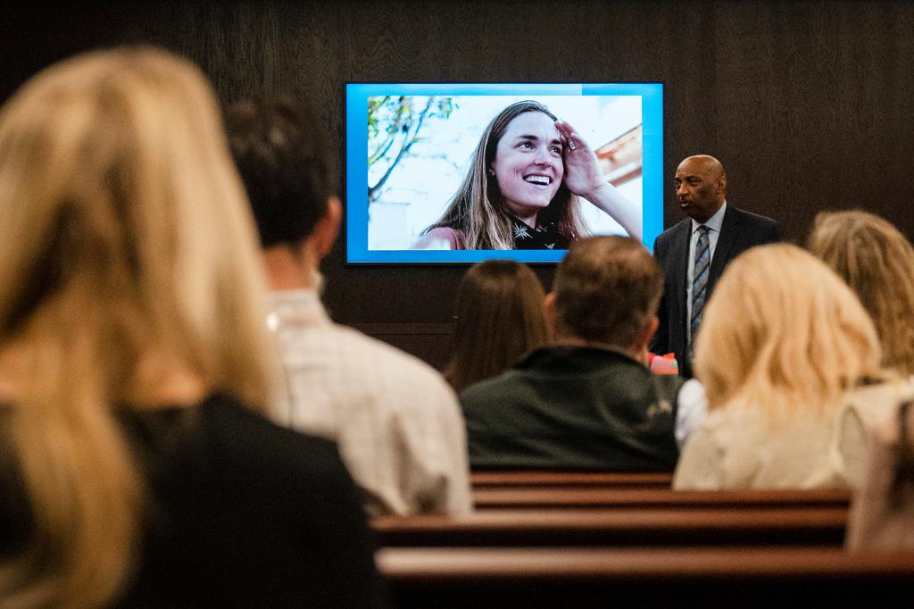 Anna Moriah Wilson's photo displayed as state attorney speaks during Armstrong's murder trial for killing Wilson, in Austin, Texas.