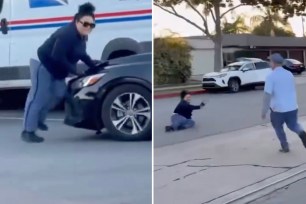 A female US Postal Service worker was nearly run over by a car trying to stop a trio of thieves who stole a crate full of mail from a Fullerton, California, post office