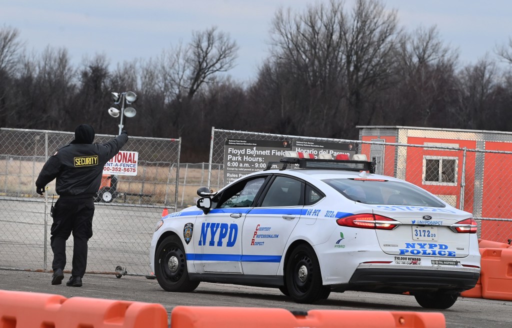 A police car arriving at Floyd Bennett Field on Jan. 12, 2024.