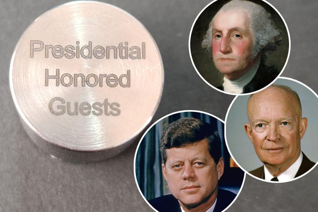 A titanium capsule with the label "Presidential Honored Guests" and photos of George Washington, John F. Kennedy and Dwight D. Eisenhower