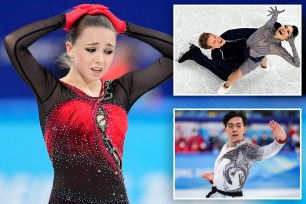 Five-time national ice dance champion and newly-minted Olympic gold medalist Madison Chock (top right) said she and her fellow athletes who competed in the Beijing Games would like to have their achievement belatedly celebrated at the Paris Summer Games. it comes after Russian Kamila Valieva (left) was retroactively disqualified from competition for doping