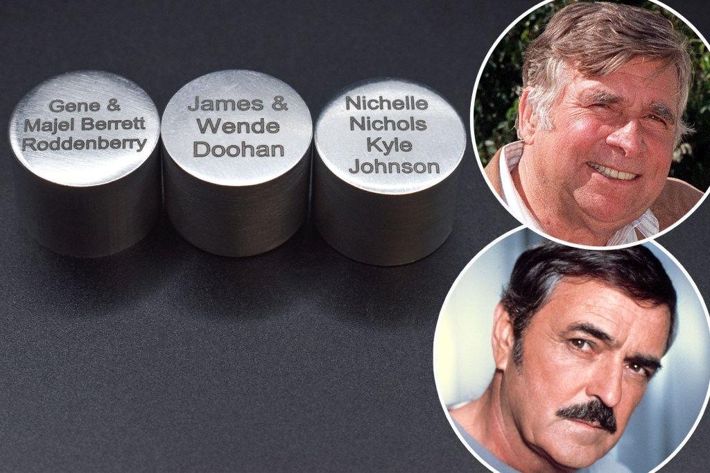capsules with the names Gene & Majel Berrett Roddenberry, James & Wende Doohan, Nichelle Nichols Kyle Johnson, and photos of Gene Roddenberry and James Doohan 