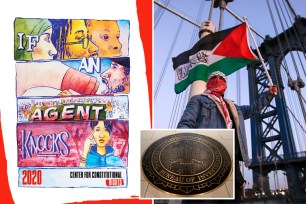"If An Agent Knocks" cover, protestor holding Palestinian flag; FBI seal