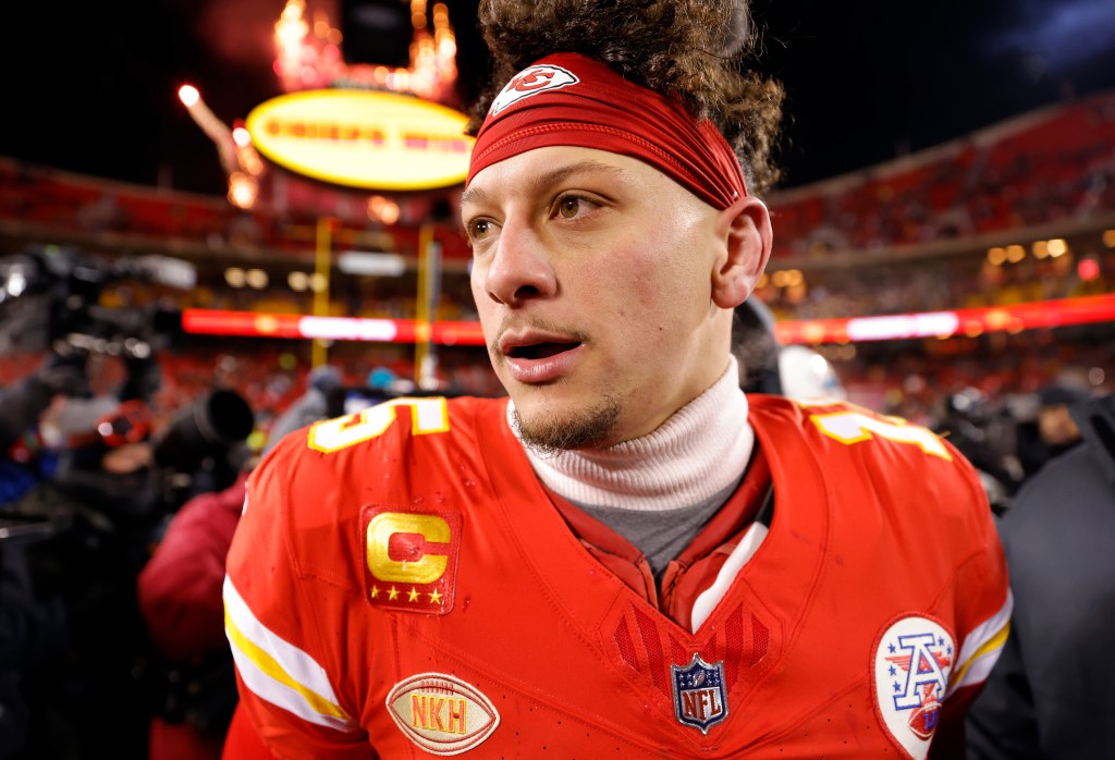 Patrick Mahomes #15 of the Kansas City Chiefs reacts after defeating the Miami Dolphins.