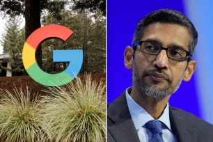 Google logo and Alphabet CEO Sundar Pichai