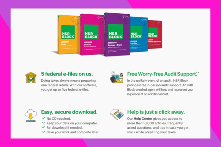 H&R Block Tax Software Deluxe Federal + State 2023 surrounded by a colorful border.