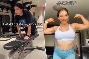 (Left) TikTok user working out with AI fitness plan. (Right) Physical therapist Jamiee flexing after ChatGPT workout.