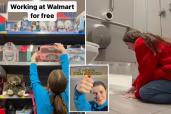 (Left) TikTok user @Ugh_Madison working at a Walmart for free. (Right) Madison cleaning a Target bathroom for free. (Inset) Madison working at Walmart.