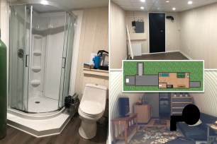 Inside view of a bathroom with a shower and a toilet in an underground space for average Americans.