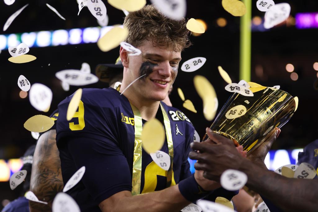 J.J. McCarthy celebrates Michigan's national champion early this month.