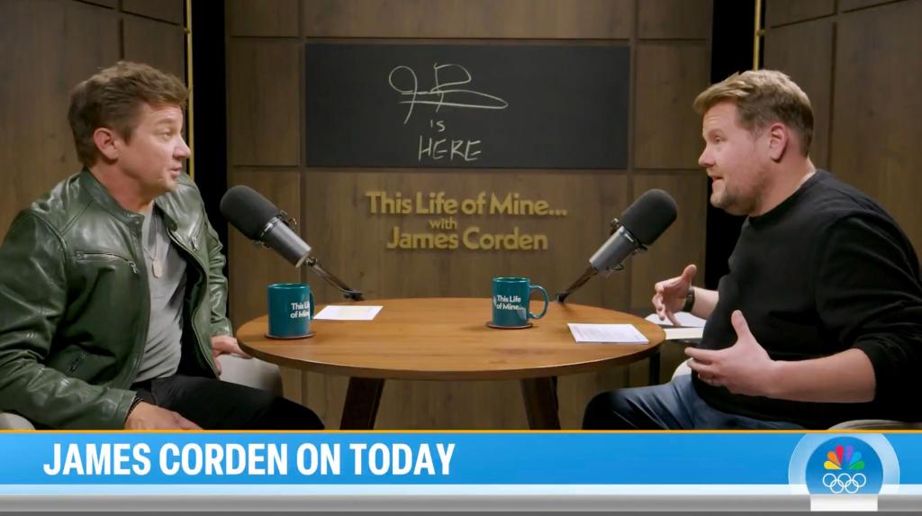 Jeremy Renner and James Corden talking for the first episode of "This Life of Mine." 
