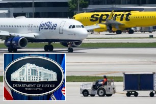 JetBlue, Spirit planes with Justice Department sign