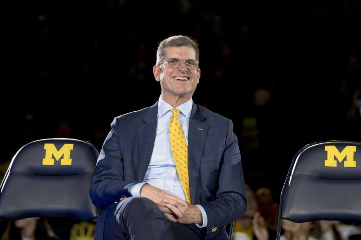 Head coach Jim Harbaugh of the Michigan Wolverines smiles during the Michigan Wolverines football National Championship celebration.