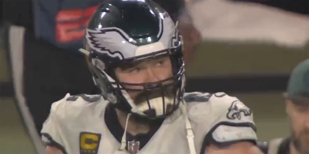 An emotional Jason Kelce on the Eagles sidelines on Jan. 15, 2024.