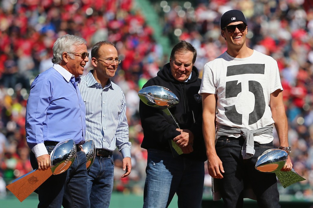 Robert Kraft, Jonathan Kraft, Bill Belichick and Tom Brady celebrating a Super Bowl in 2015.